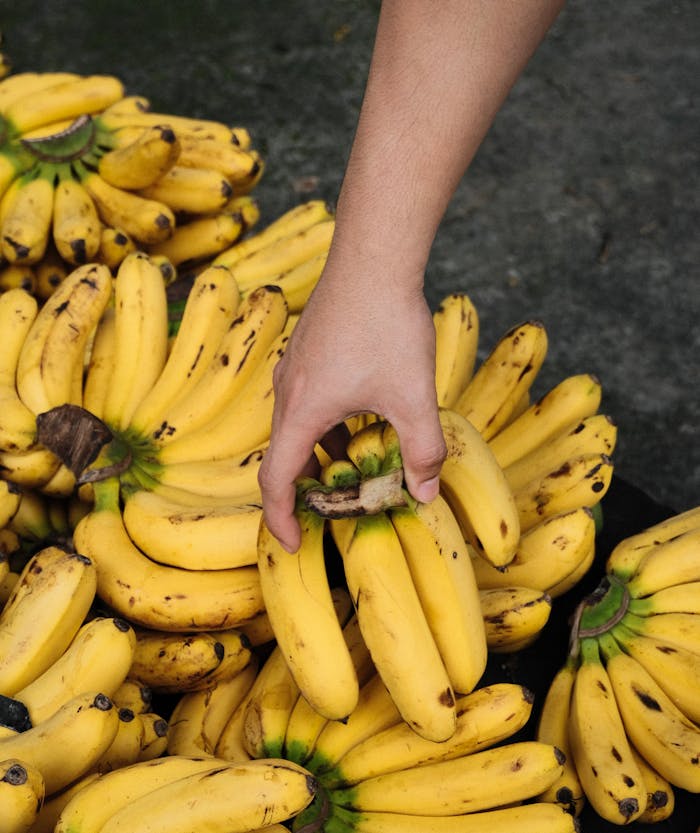 Close-up of hand selecting ripe bananas from a bunch at an outdoor market.